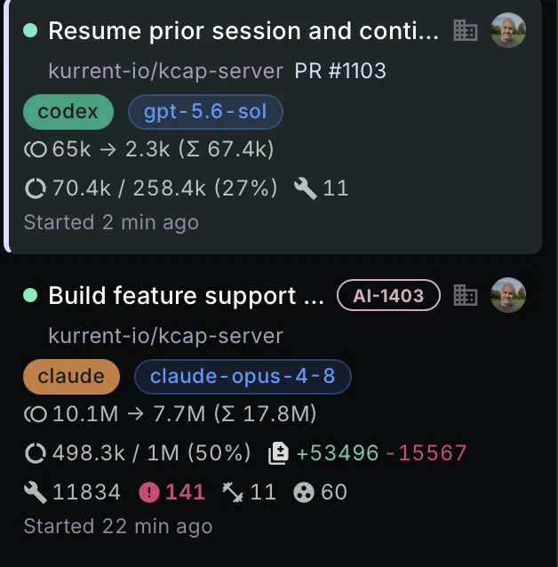 The Capacitor sidebar with two session cards for the same PR #1103: a Codex / gpt-5.6 resume session at 67.4K tokens above the original Claude / opus session at 17.8M tokens.