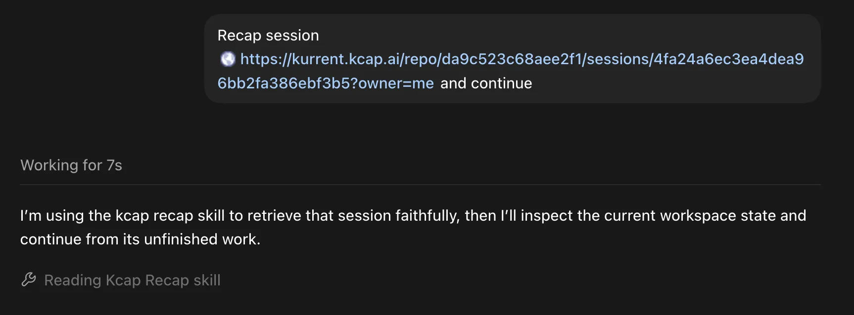 Codex prompted with "Recap session <Capacitor URL> and continue", replying that it will use the kcap recap skill to retrieve the session and continue its unfinished work.