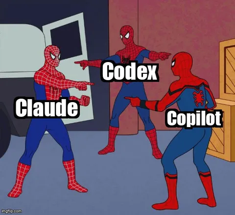 Three-Spider-Men-pointing meme with the three identical figures labeled "Claude", "Codex", and "Copilot."
