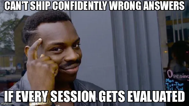 Roll Safe meme — a man smiles and taps his temple; caption "Can't ship confidently wrong answers if every session gets evaluated"