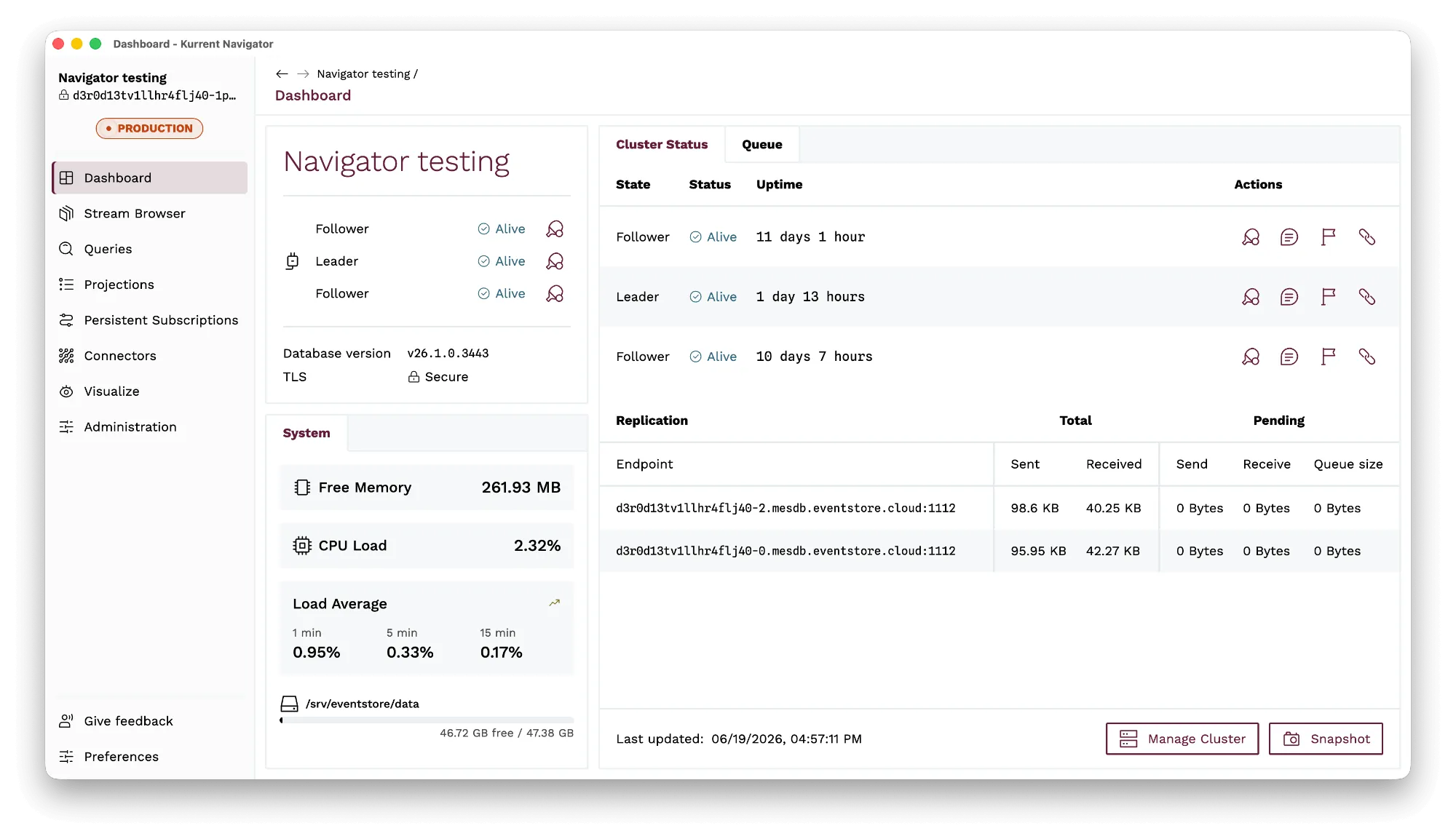 Kurrent Navigator dashboard showing cluster status and node health
